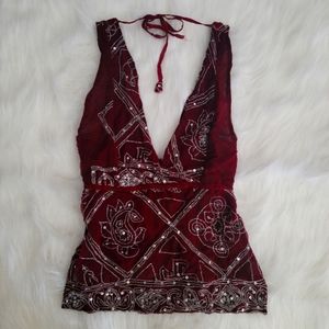 Karma Highway Red Wine Sequin Open Back Halter Top Size S